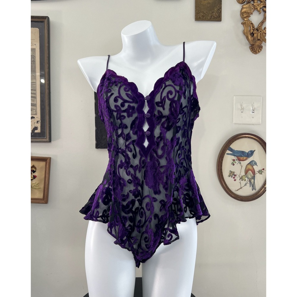Victoria's Secret Purple Black Burnout Velvet V-Neck Bodysuit Size M